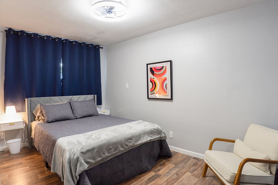 Our Queen bedroom features blackout curtains for privacy and complete darkness when desired. Firm yet gel top plush mattress for a great night's rest.