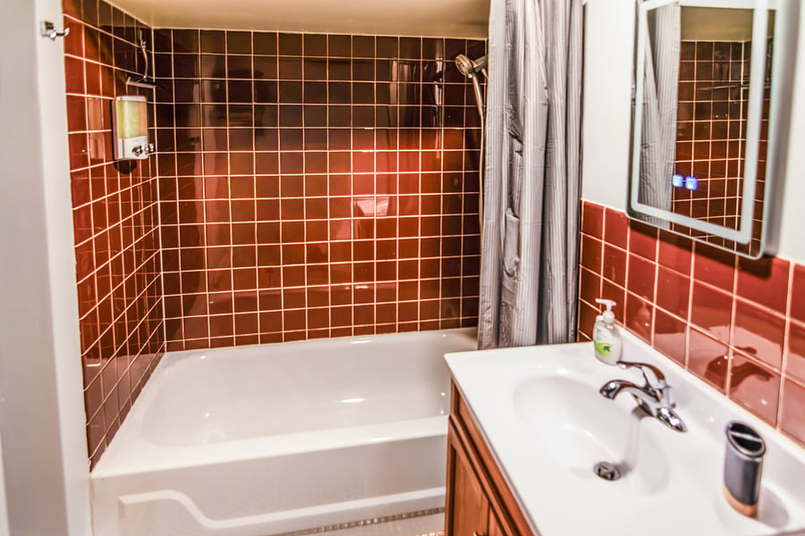 The basement bathroom also features a tub and shower wand. 
