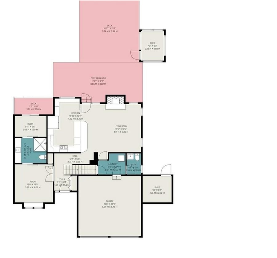 Main floor floor plan includes the layout of your suite! (Bedroom, bathroom, bonus room, and private deck).
