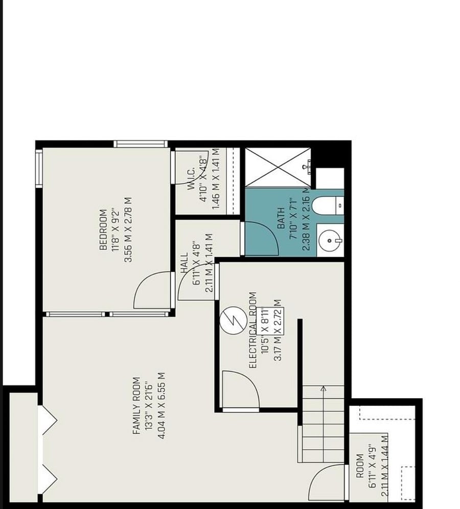Basement floor plan shows the additional living space and storage rooms. (Storage space is also provided).