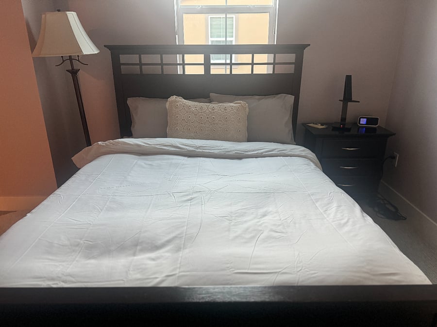 Queen bed in primary suite, which includes a personal sauna and 65" smart TV.