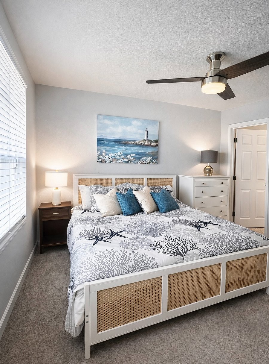 Bedroom 1 with a dresser, closet, en suite bathroom, ceiling fan, and TV.