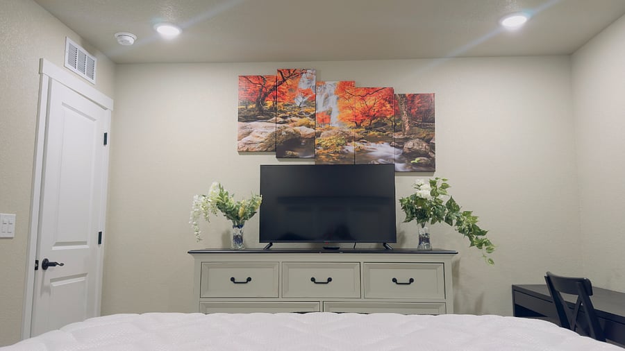 Interior : Brand New Furniture NeverUsed Queen Size Bed , Dresser, 2 Nightstands, Side Mirrors, Desk, Abundant Natural Light , TV and Large Closet.