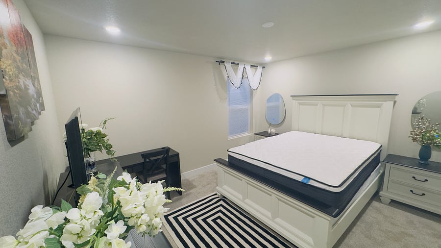 Interior : Brand New Furniture NeverUsed Queen Size Bed , Dresser, 2 Nightstands, Side Mirrors, Desk, Abundant Natural Light , TV and Large Closet.