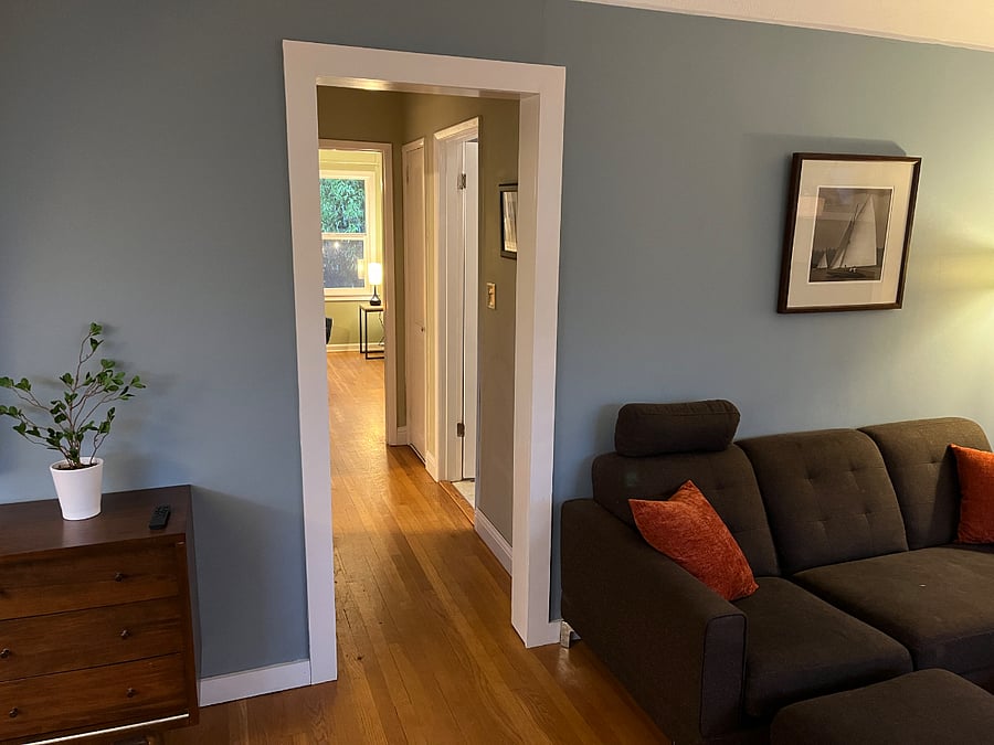 hall to main bedroom and full bath
