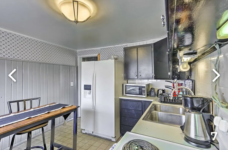 Kitchen located on the 1ft fl.
Have full size stove and refrigerator
Small table
Pots/pans, coffee maker, blender & microwave
Dishes