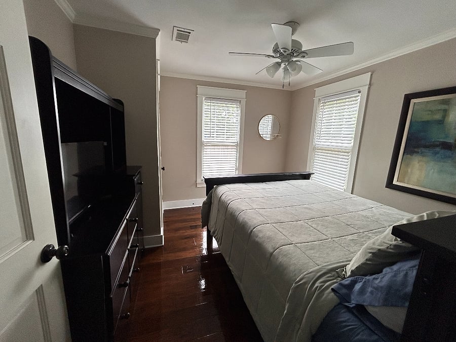 Bedroom 2 - Queen Bed - Black Dresser w/ Smart TV on top