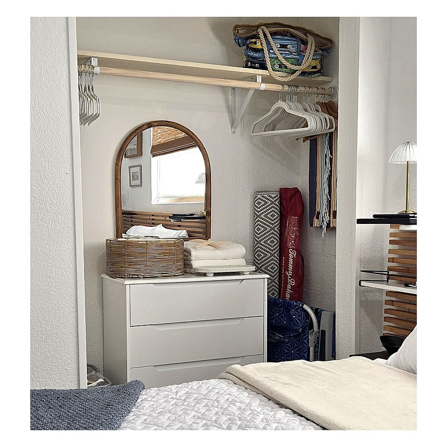 Ample storage with hanging space, dresser, and beach essentials for extended stays.