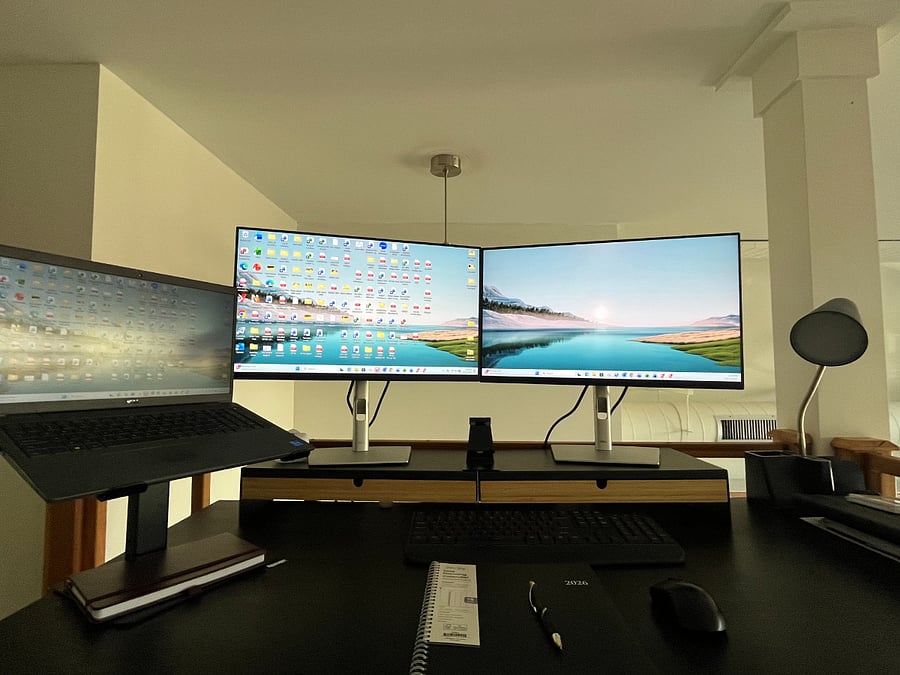 Dedicated work space with two monitors ( Laptop not included)