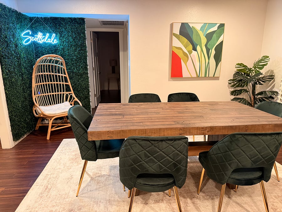 New dining room table & chairs, plus aesthetic greenery wall.