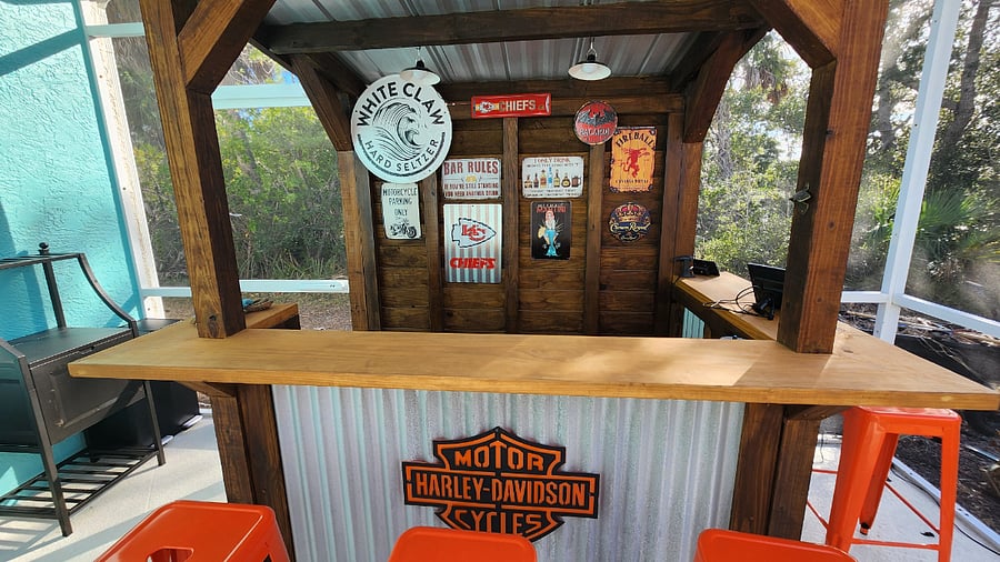 Outdoor Patio Bar with Bar Stools, Solar Lighting and Ice Chest Station!