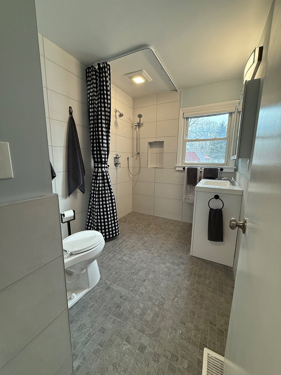 Newly renovated handicapped accessible bathroom.