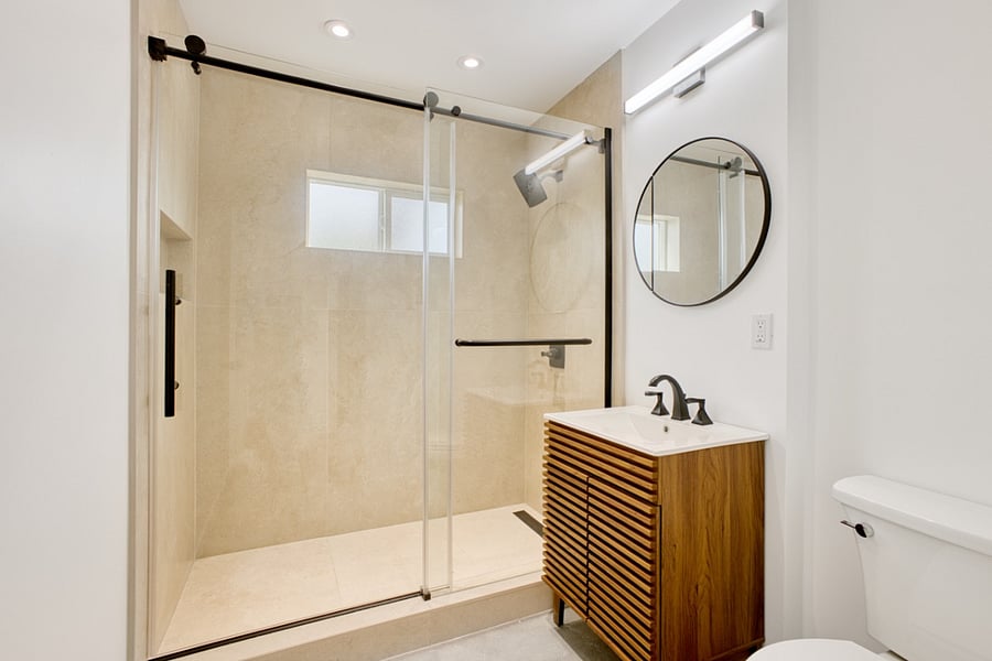 Bathroom with walk in shower.