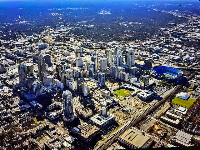 Uptown Charlotte aerial view.  The Avenue is located in the bottom, left-hand corner.  