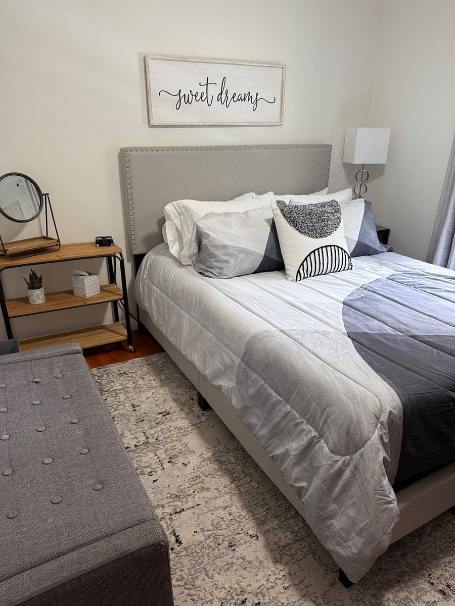 Luxury Queen Size Bed with pillow top mattress and 4 luxury pillows.  Each room contains full size mirror, closet with hangers, chair, bench, dresser, lamps, alarm clock with USB, and ceiling fan.