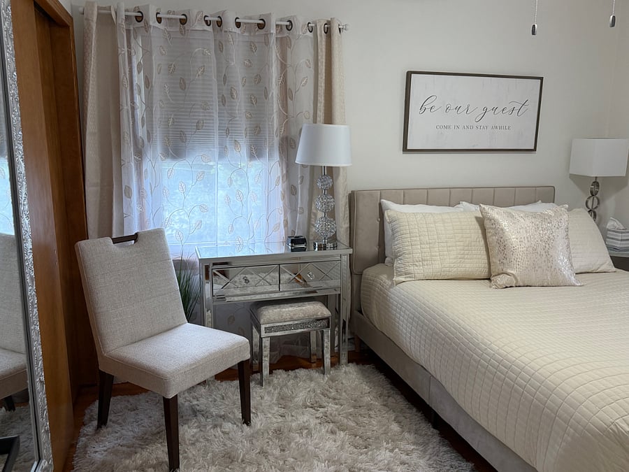 Luxury Queen Size Bed with pillow top mattress and 4 luxury pillows.  Each room contains full size mirror, closet with hangers, chair, bench, dresser, lamps, alarm clock with USB, and ceiling fan.