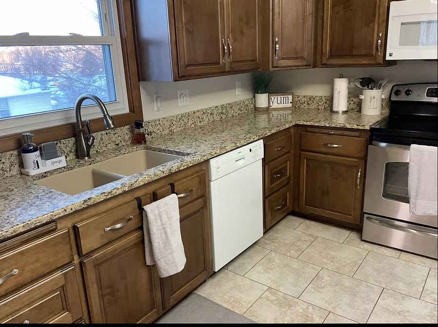 Fully stocked kitchen with all utensils.  Refrigerator, Stove, Microwave, Dishwasher, crockpot, pots, pans, coffee maker, etc.