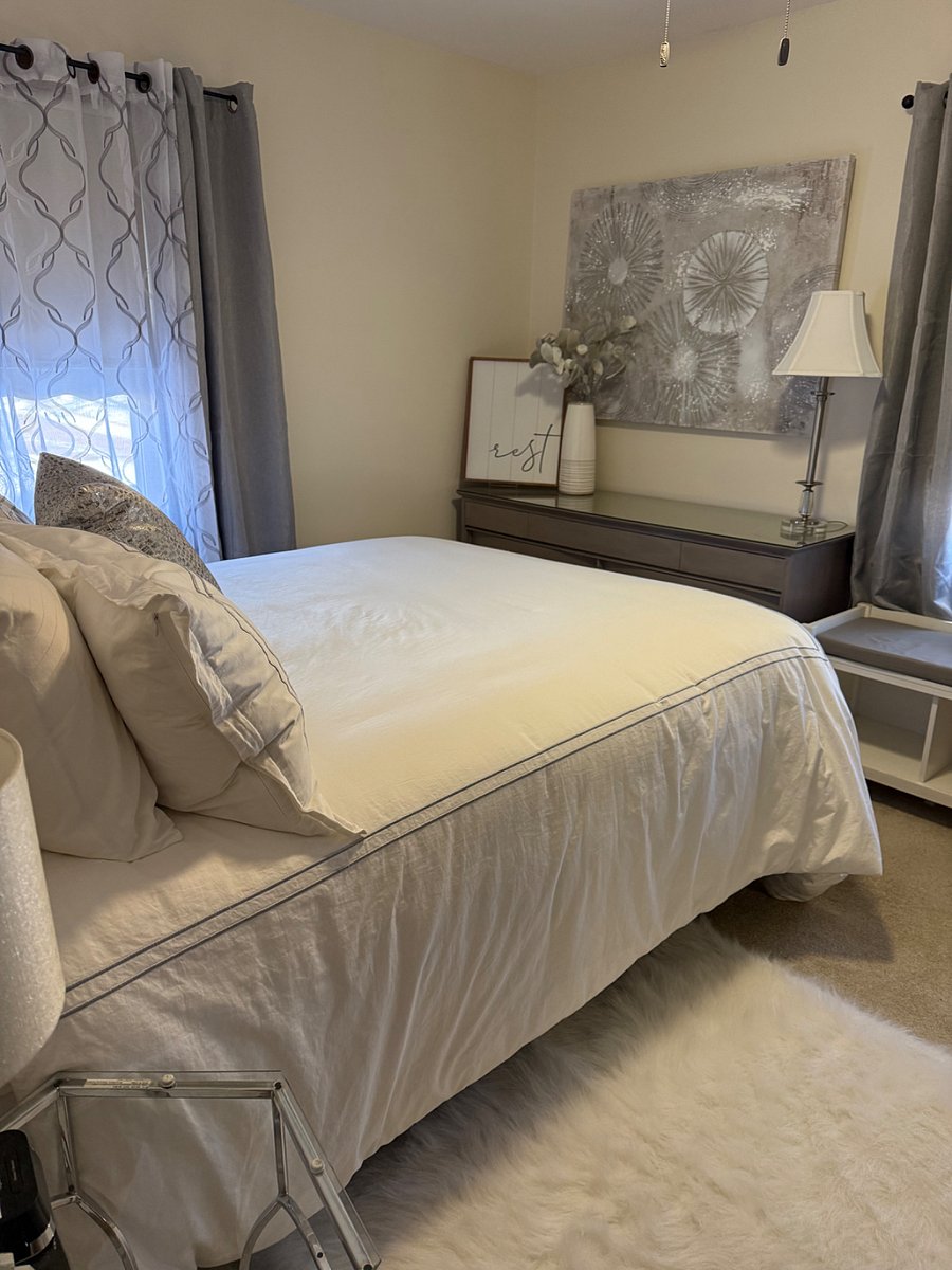 Luxury Queen Size Bed with pillow top mattress and 4 luxury pillows.  Each room contains full size mirror, closet with hangers, chair, bench, dresser, lamps, alarm clock with USB, and ceiling fan.