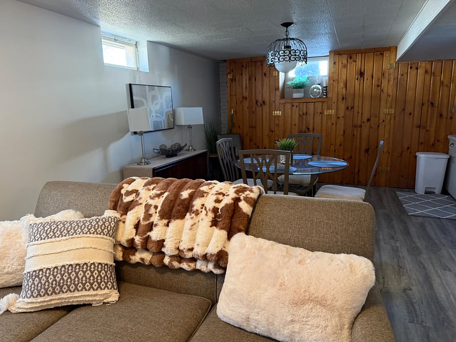 Large Family Room in basement, perfect for family gathering, game room, or movie night on large 65-inch smart TV.