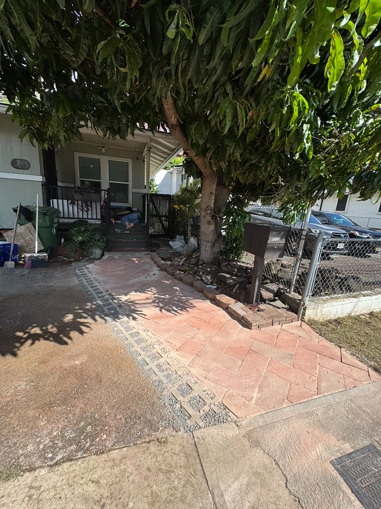 Entry to the home under a mango tree.