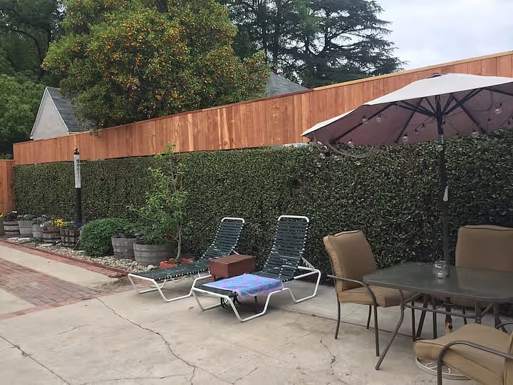 Enclosed private patio with lounge and dining areas. Safe for pets.