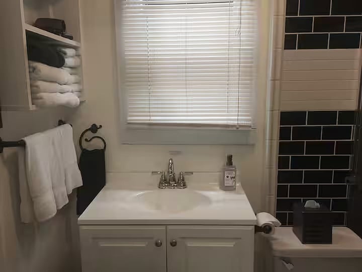 Art deco bathroom with sink and storage shelves.