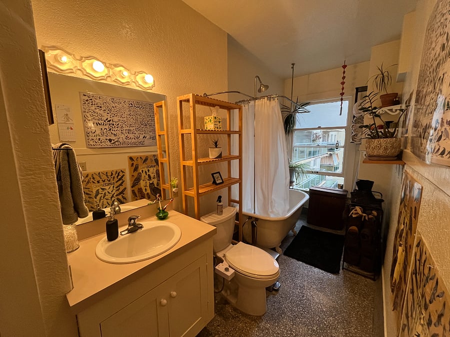 Spacious bathroom with claw foot tub and storage