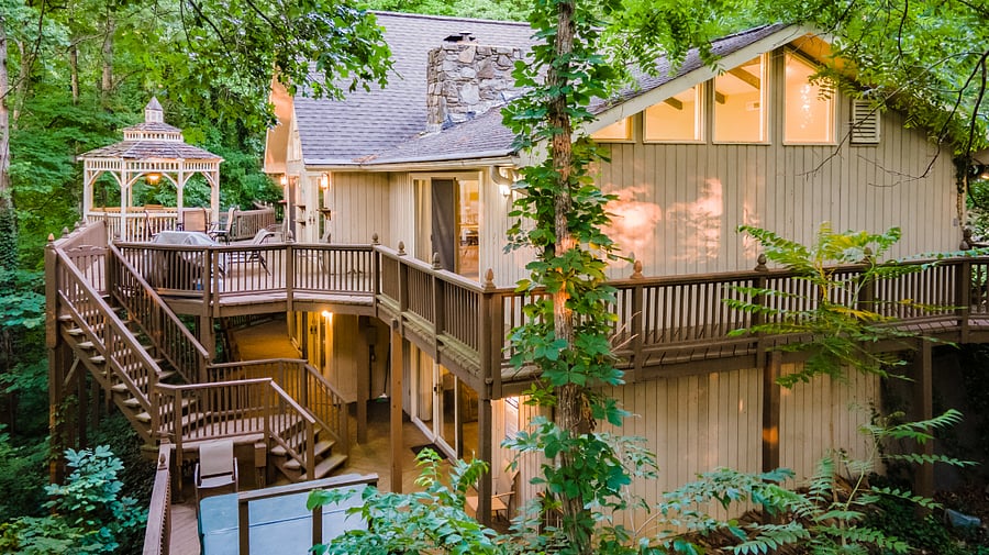 Multi-level exterior decks and outdoor spaces and hot tub location