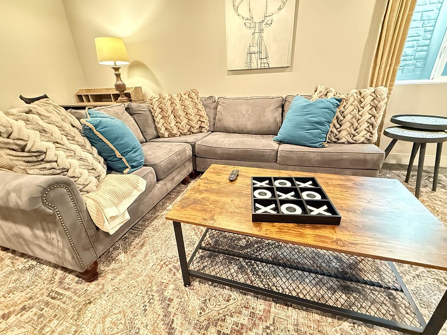 Large Basement Living Space with TV, Desk and Bathroom