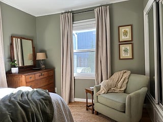 Room darkening curtains, closet with full size mirror