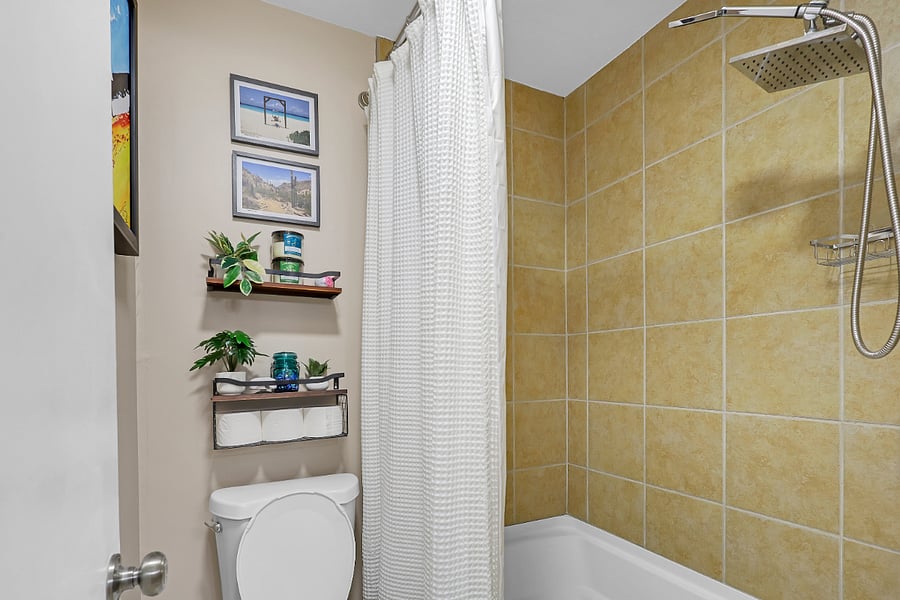 The rain shower head melts away stress after a long day.