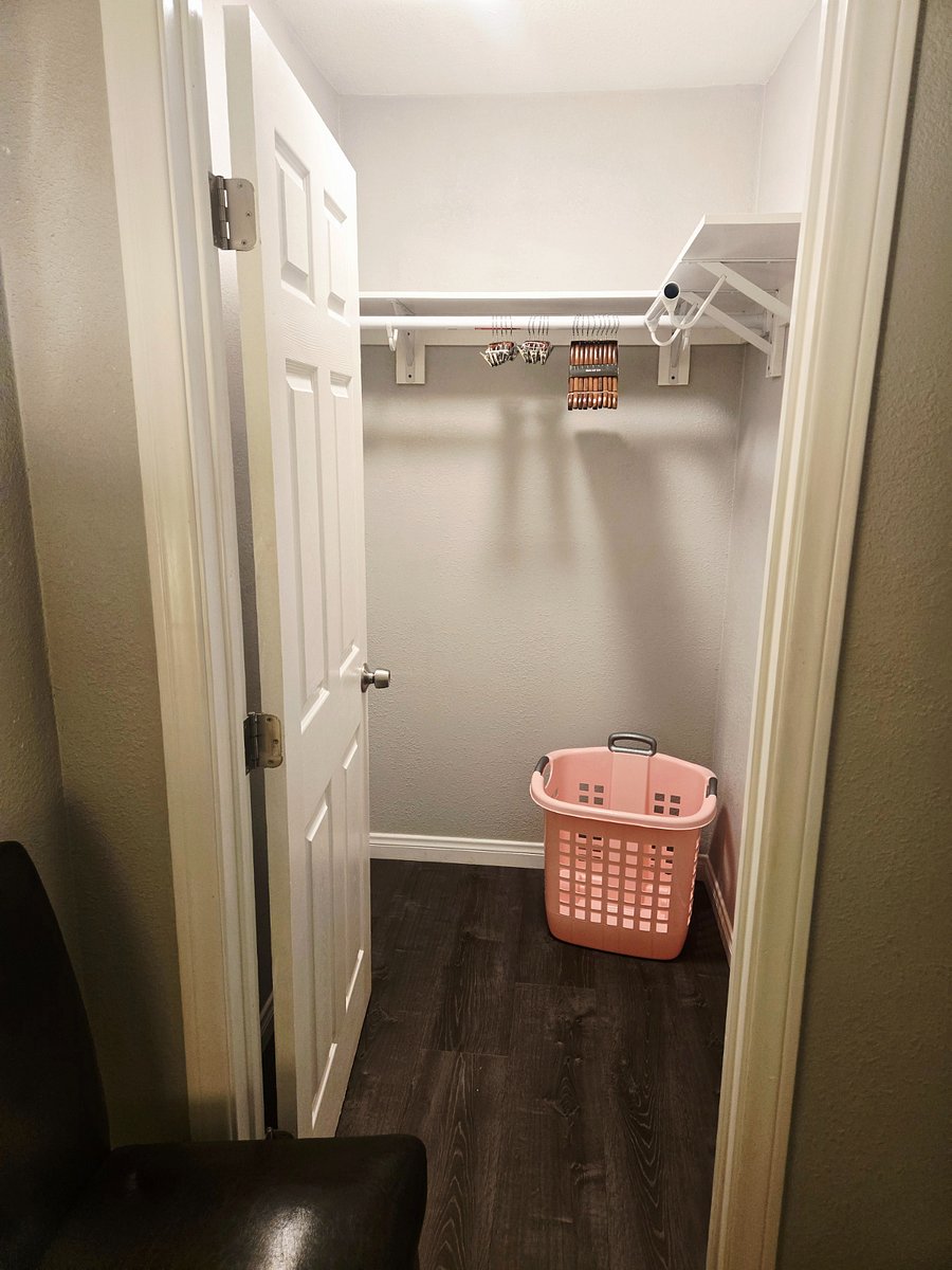 Walk- in closet, laundry basket for wash day