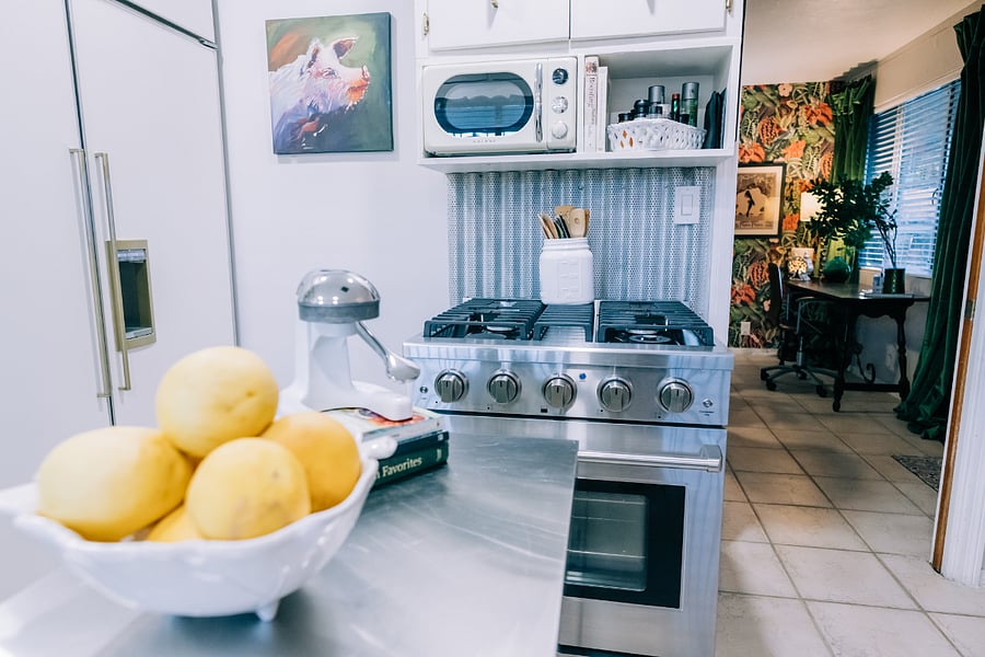 Gorgeaous full kitchen with gas stove and huge Sub Zero refrigerator.