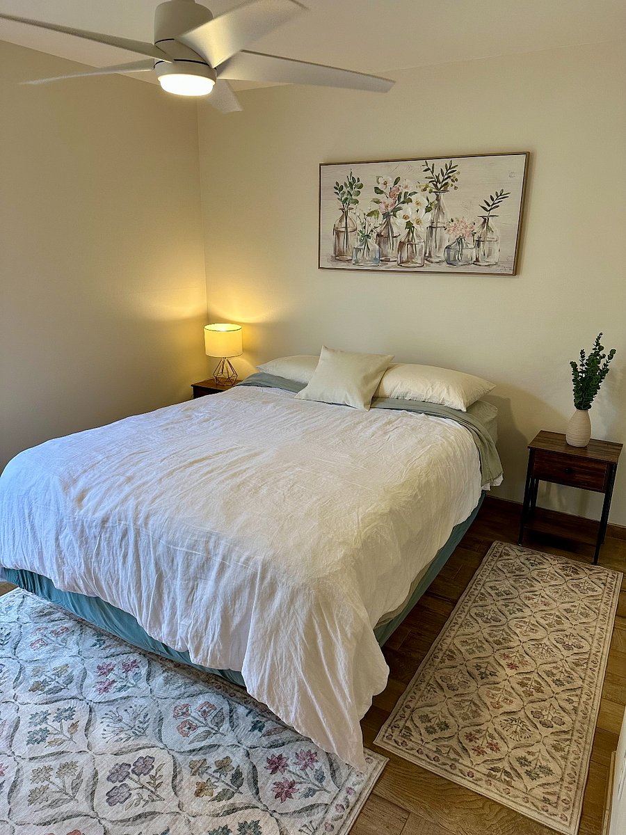 Comfortable Queen bed with Casaluna pillow topper and quality linens. 