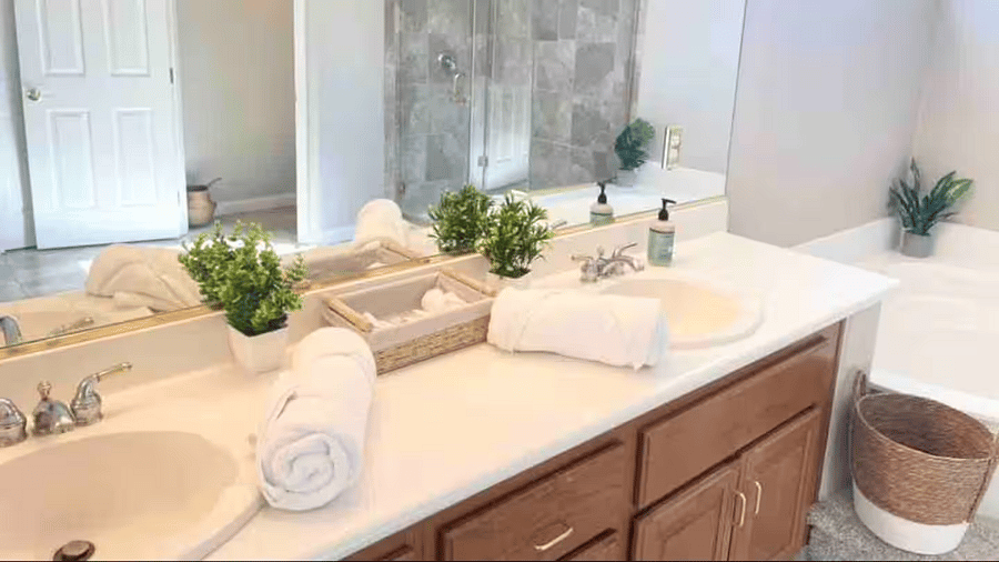 Primary En-Suite Bathroom: Expansive spa-style bath featuring a dual-sink vanity, soaking tub, separate glass-enclosed shower, and abundant natural light.