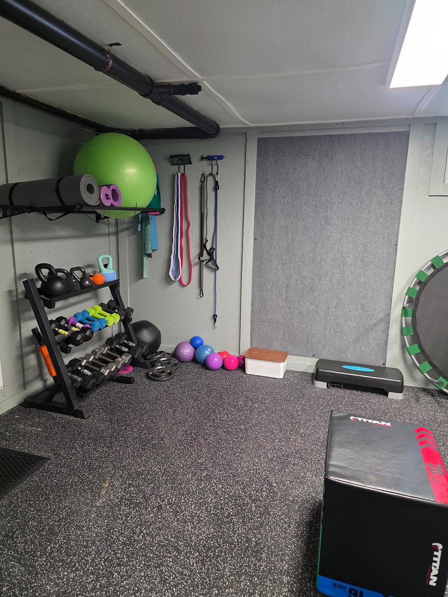 Full size gym in basement. No cardio machines though. Dumbells, bands, TRX, mirrors, weighted bars, plates, stability balls, mats, plyo box.U