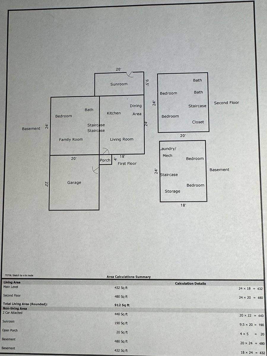 A layout of the levels of the house and their rooms. Our planned second bedroom is the larger of the two basement bedrooms, and the smaller is exclusively storage and emergency egress.