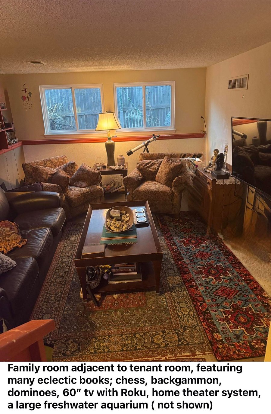 The family room adjacent to the main bedroom.
Its available for use by our renter(s), but we are mindful to prevent disruption to our tenants. Mainly its a super comfortable place for reading or playing classic board games or the wily chess computer