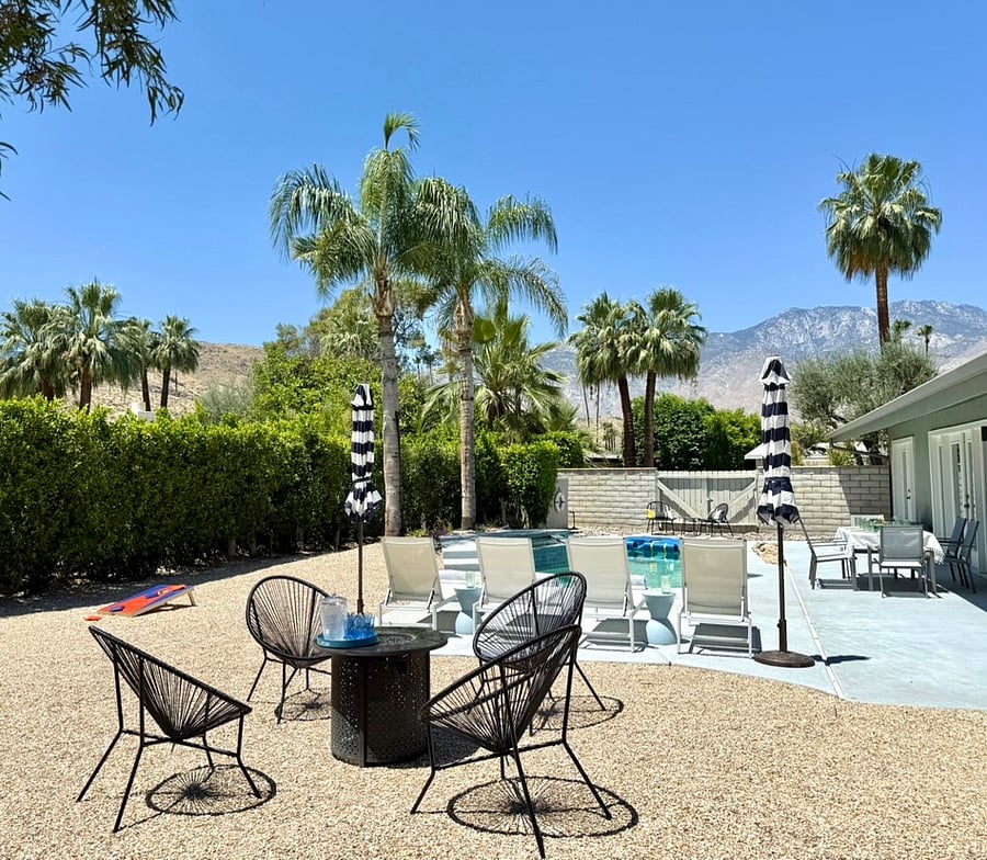 Large backyard with fire table and great views.