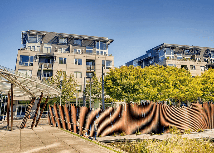 View of the building from Tanner Springs Park