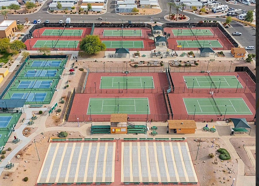 10 tennis courts and 12 pickleball courts with open play, no membership necessary.