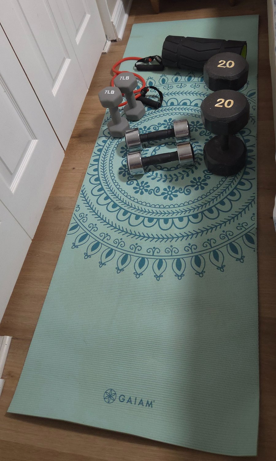Workout mat, band, roller, 20 lb, 10 lb and 7 lb weights.