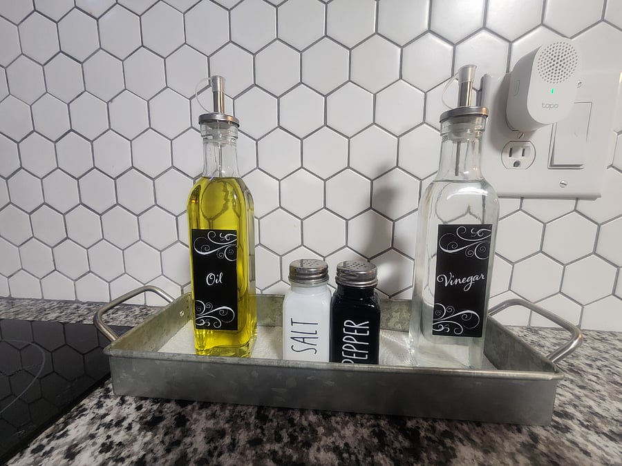 Iodized salt 
black pepper
white vinegar and olive canola oil blend