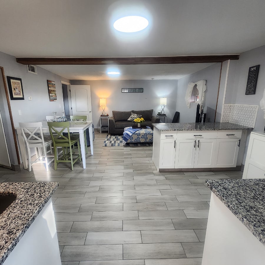 Full View of main indoor living space living room kitchen open floorplan