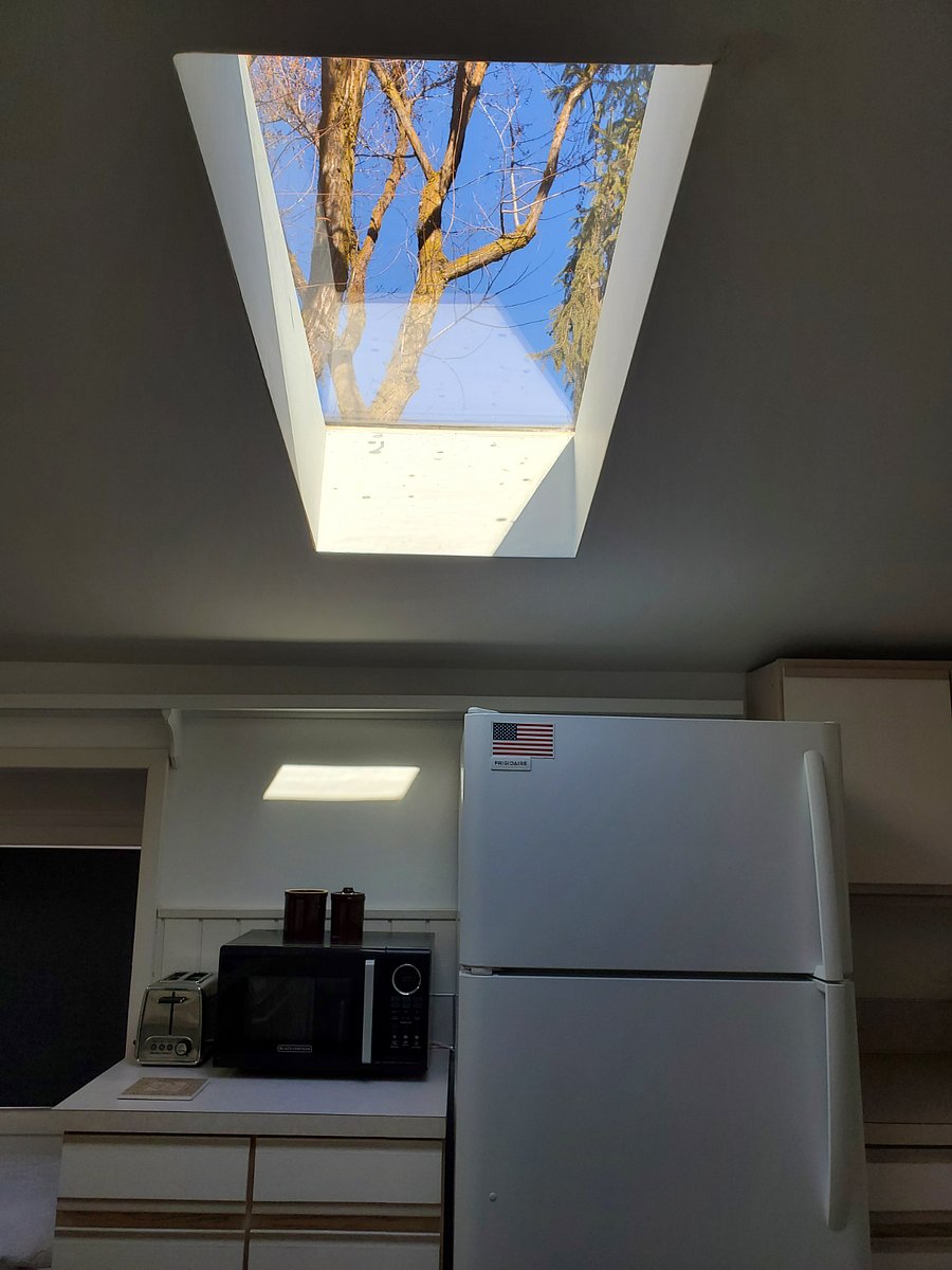 Kitchen looking up through the skylight.