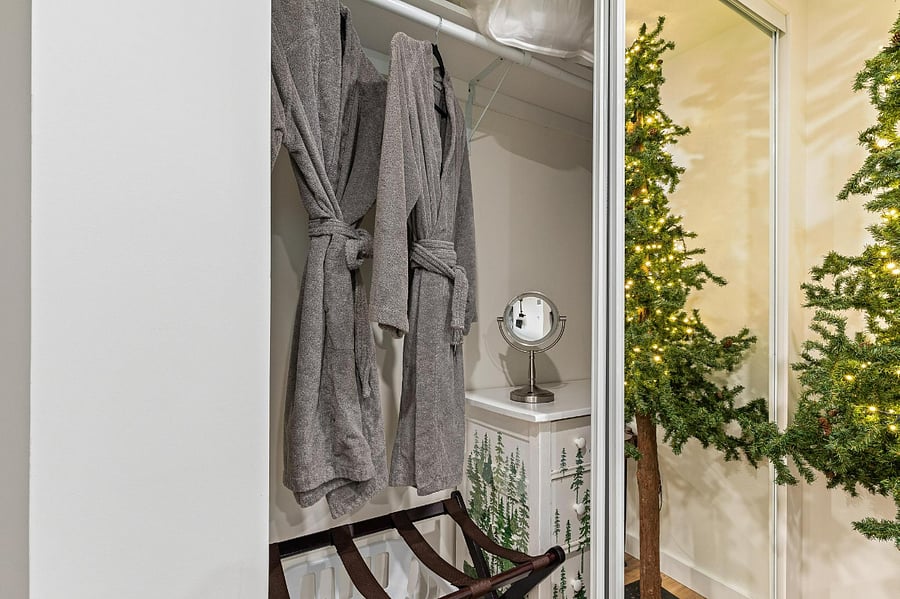 Bathrobes, ear plugs, sound machines, blackout curtains, luggage stands and dressers in every room.  32" SMART TV in each bedroom