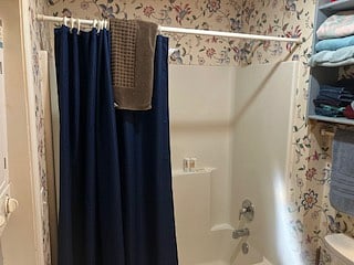 The main bathroom has a full shower/bathtub combination. There is a shelving for towels, a vanity and of course a toilet.