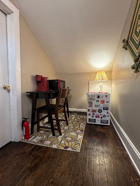 Mini fridge, microwave, and Keurig