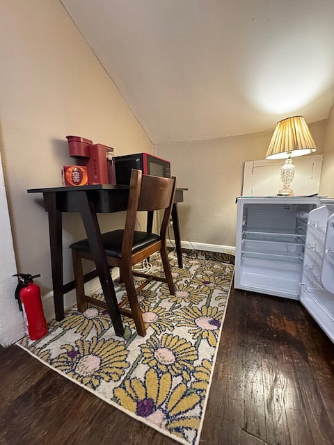 Mini fridge, microwave, and Keurig