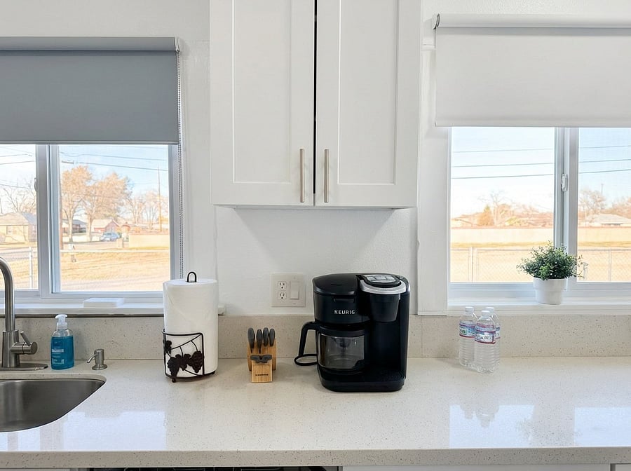 Coffee maker and kitchen essentials for extended stays
